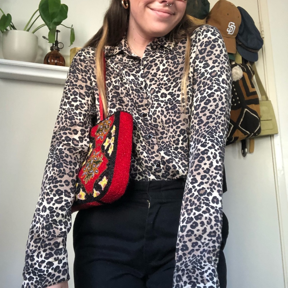 reformation silk cheetah button up top